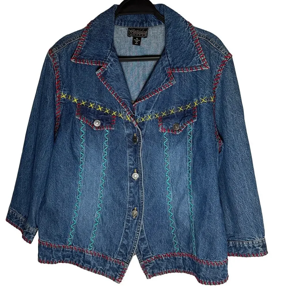 Cattlelac Ranch Women's Embroidered Jean Jacket Coastal Cowgirl Rodeo Western XL